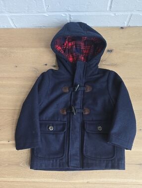 Carter's Navy Hooded Pea Coat with Red Plaid Lining